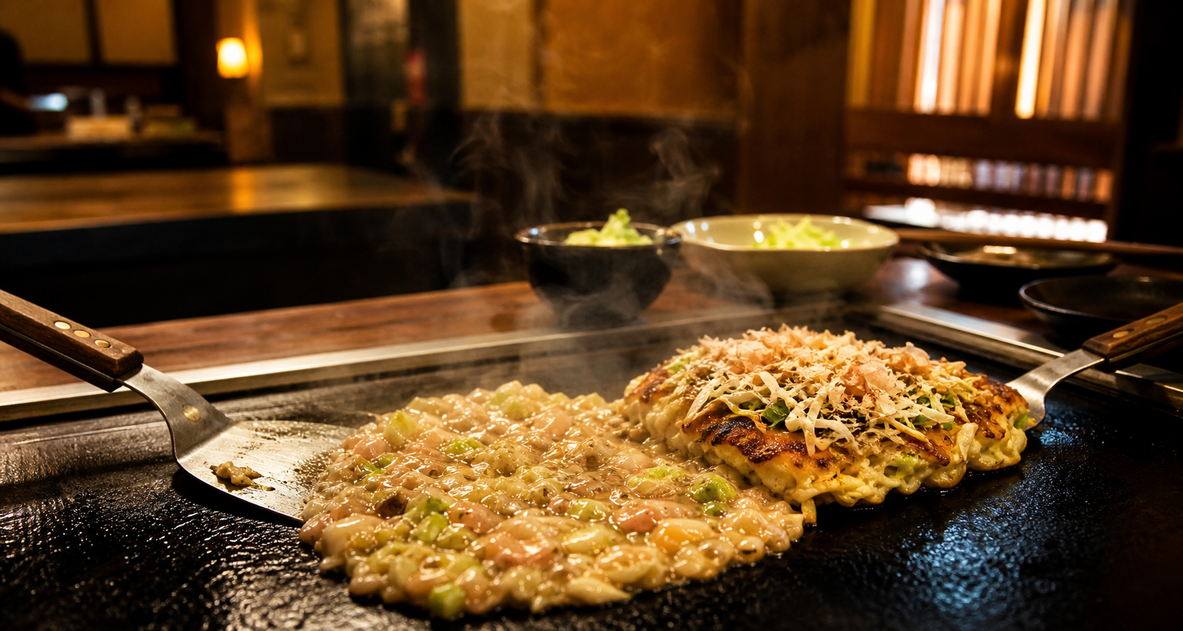 鉄板の上のもんじゃとお好み焼き